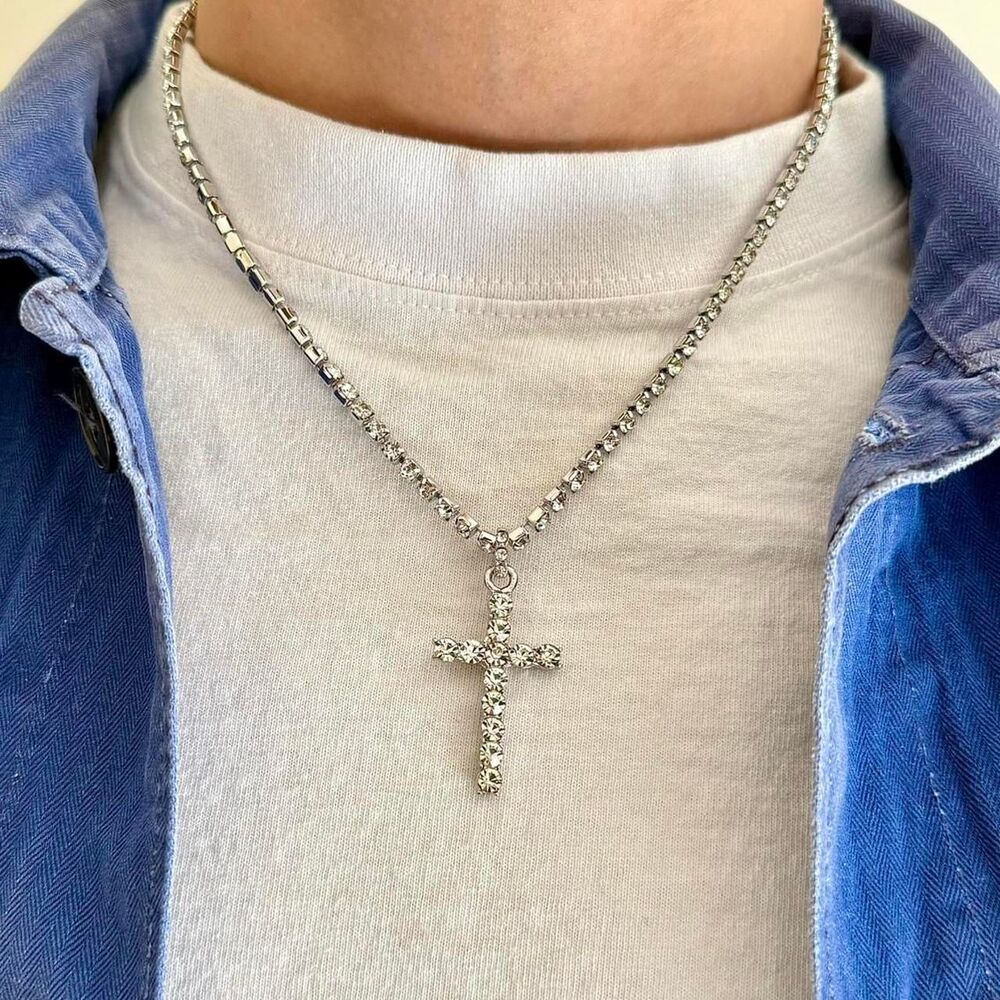 y2k style grunge silver cross punk gothic emo pendant chain necklace